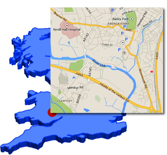 Street map of Abergavenny & showing where Abergavenny is nationally